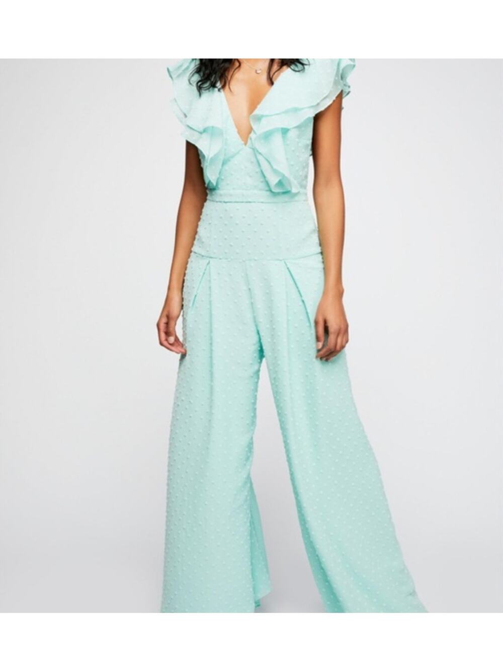 Fame & Partners Free People Jacy Jumpsuit Womens Size 0 Mint Green Ruffle Lowcut
